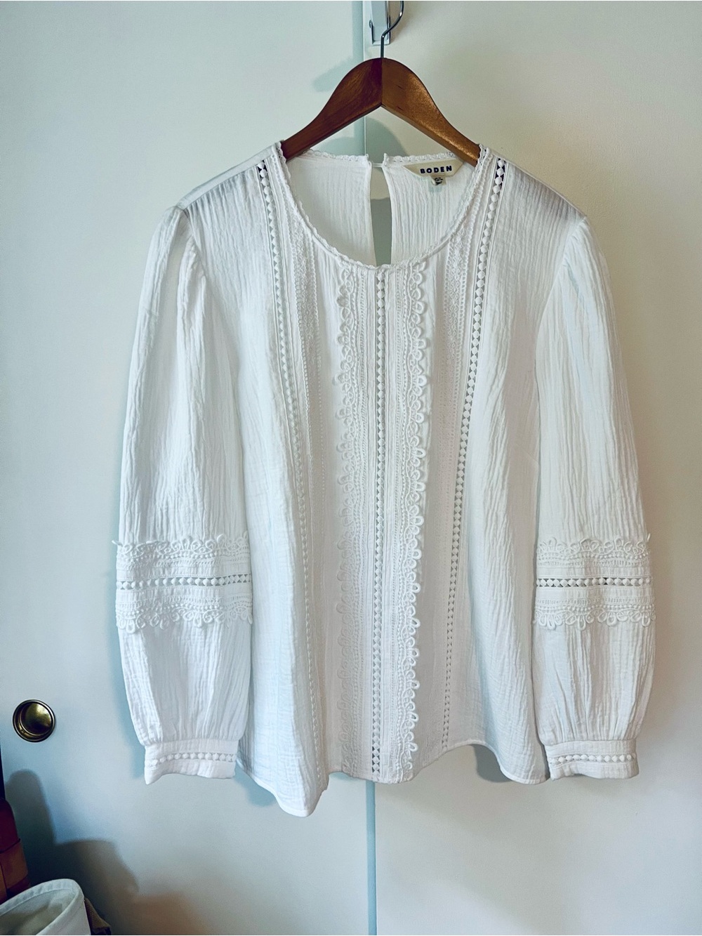 Boden White Lace-Trim Cotton Peasant Blouse